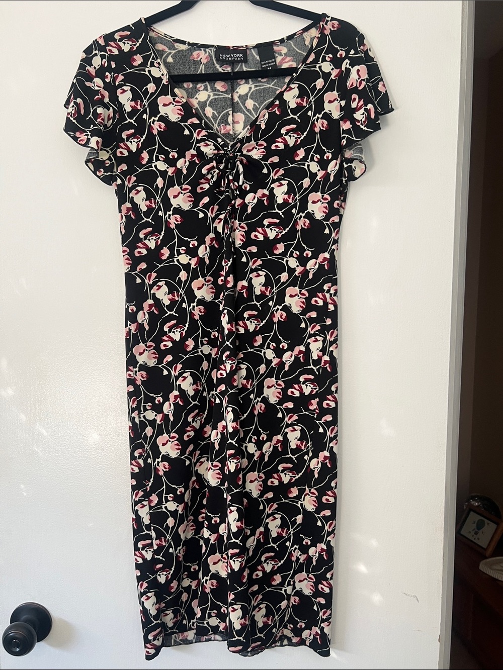 New York & Company Black Floral Midi Dress with Tie-Front
